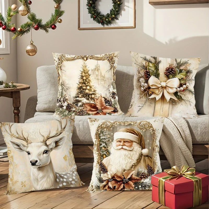 Pack 4 Fundas de Cojín Navideñas - Papá Noel y Renos Vintage Dorado