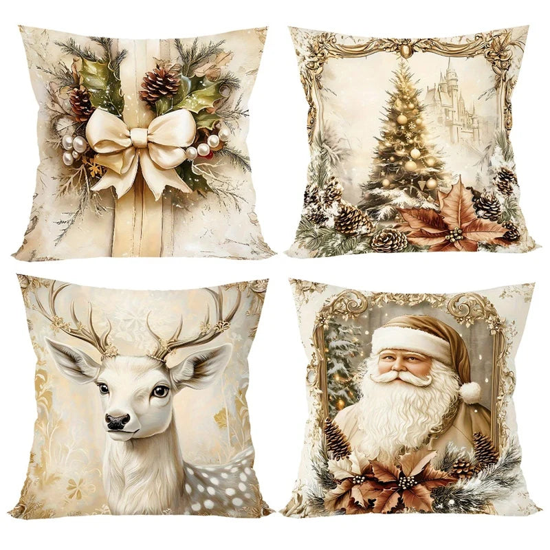 Pack 4 Fundas de Cojín Navideñas - Papá Noel y Renos Vintage Dorado