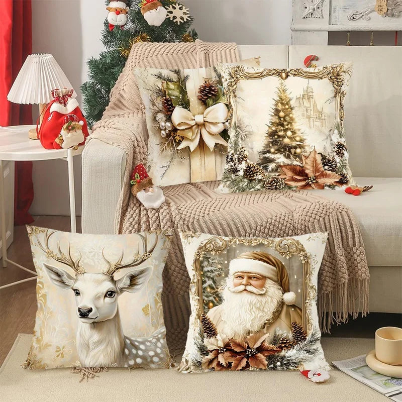 Pack 4 Fundas de Cojín Navideñas - Papá Noel y Renos Vintage Dorado