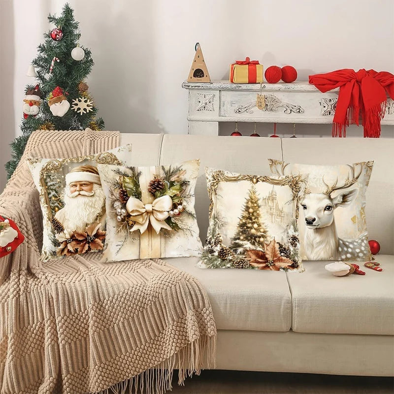 Pack 4 Fundas de Cojín Navideñas - Papá Noel y Renos Vintage Dorado