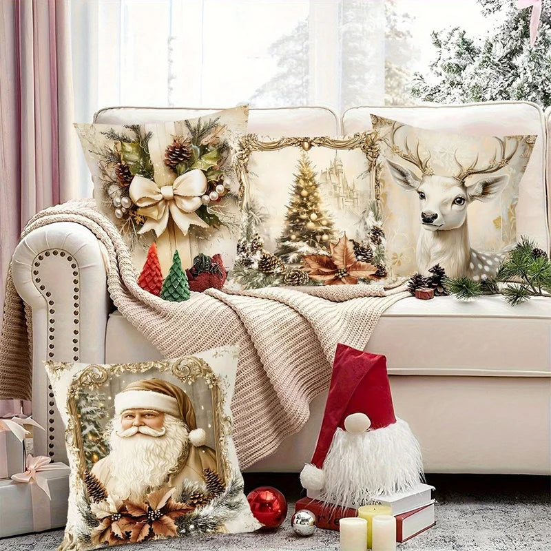 Pack 4 Fundas de Cojín Navideñas - Papá Noel y Renos Vintage Dorado